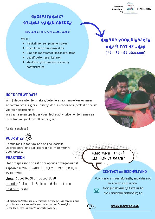 Groepstraject sociale vaardigheden. Kom samen, speel samen, leer samen. Aanbod voor kinderen van 9 tot 12 jaar (4e - 5e - 6e leerjaar).
