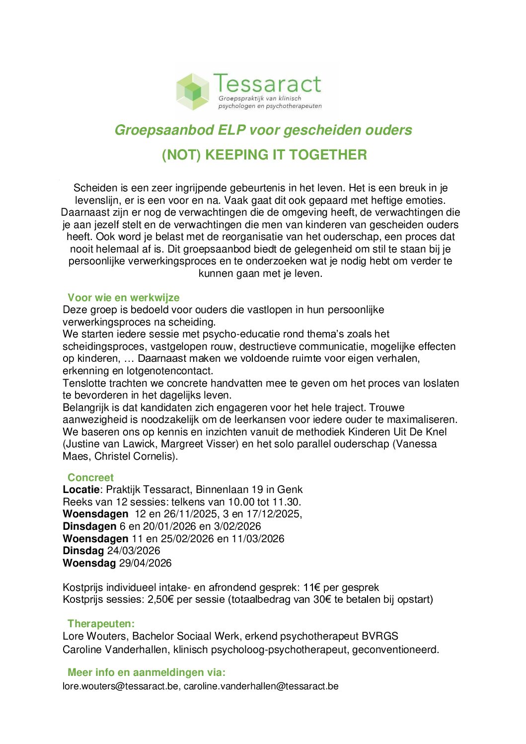 Groepsaanbod voor gescheiden ouders '(Not) Keeping it together'.