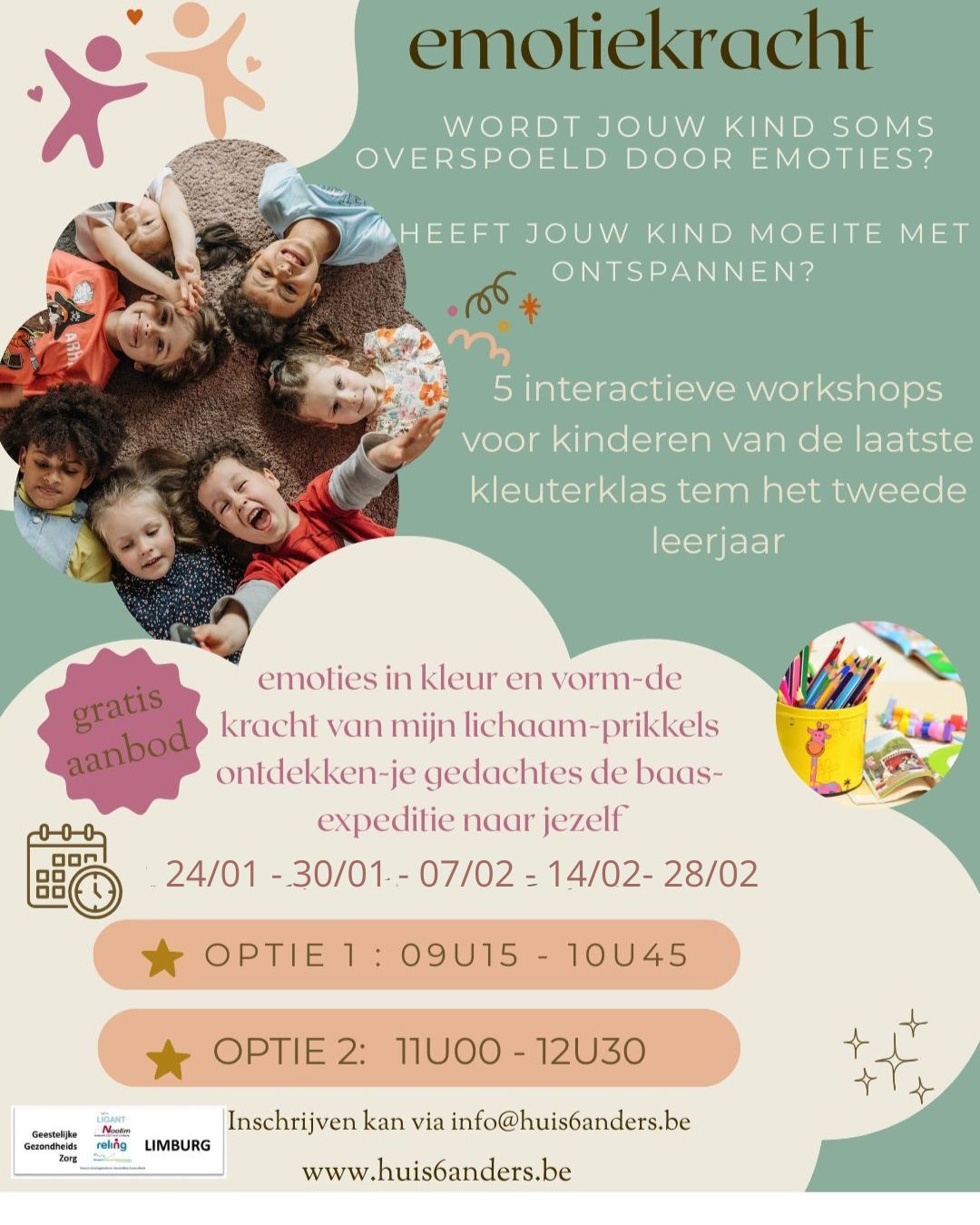 Emotiekracht, groepstraining voor kinderen van de laatste kleuterklas tot en met het tweede leerjaar 9u15 - 10u45