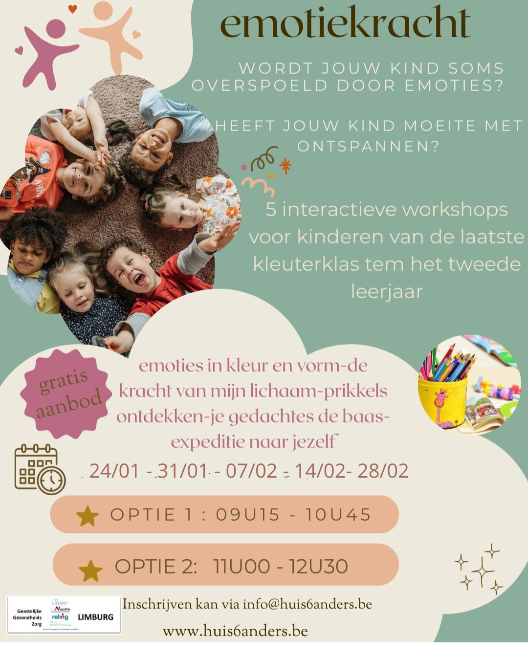 Emotiekracht, groepstraining voor kinderen van de laatste kleuterklas tot en met het tweede leerjaar 9u15 - 10u45