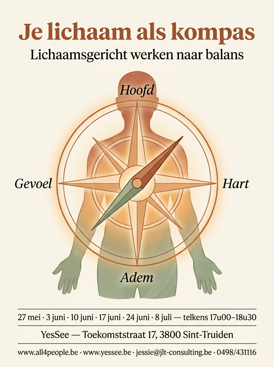 Je lichaam als kompas tussen hoofd en hart. Lichaamsgericht werken naar balans.