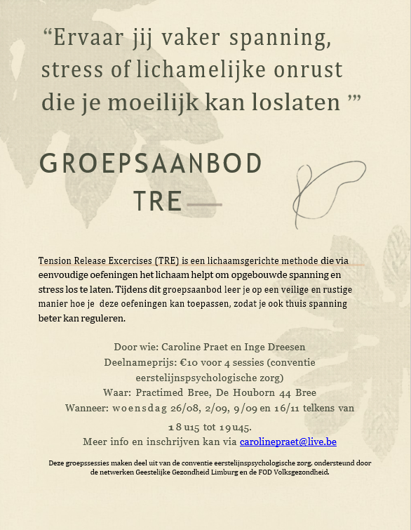 Stress loslaten? Hoe doe je dat? Groepsaanbod TRE - Tension Release Exercises.